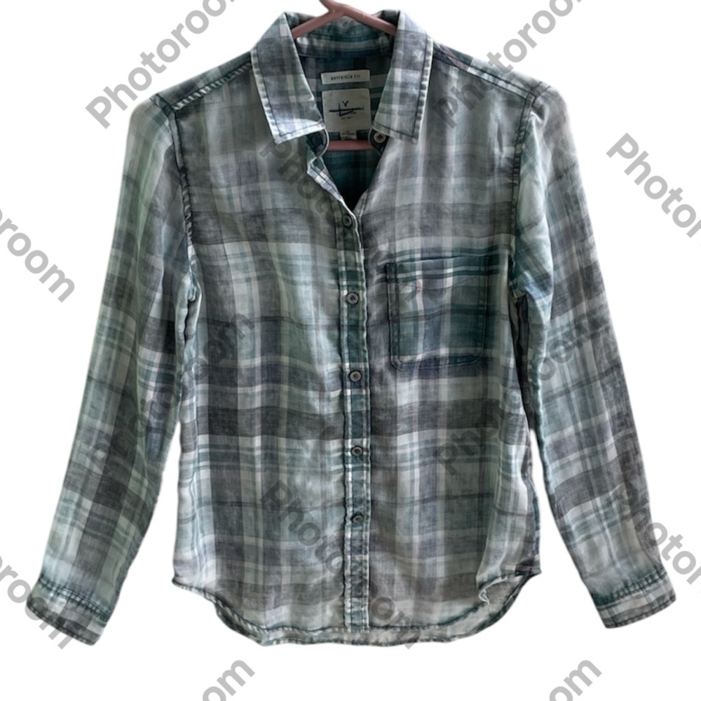 AMERICAN EAGLE WOMENS PLAID BOYFRIEND FIT LONG SLEEVE BUTTON DOWN SHIRT SIZE XS